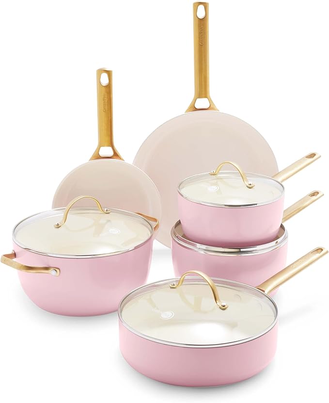 GreenPan Hard Anodized Healthy Ceramic Nonstick 10 Piece Cookware Pots and Pans Set Gold Handle PFAS-Free Dishwasher Safe Oven Safe Blush Pink