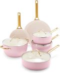 GreenPan Hard Anodized Healthy Ceramic Nonstick 10 Piece Cookware Pots and Pans Set Gold Handle PFAS-Free Dishwasher Safe Oven Safe Blush Pink