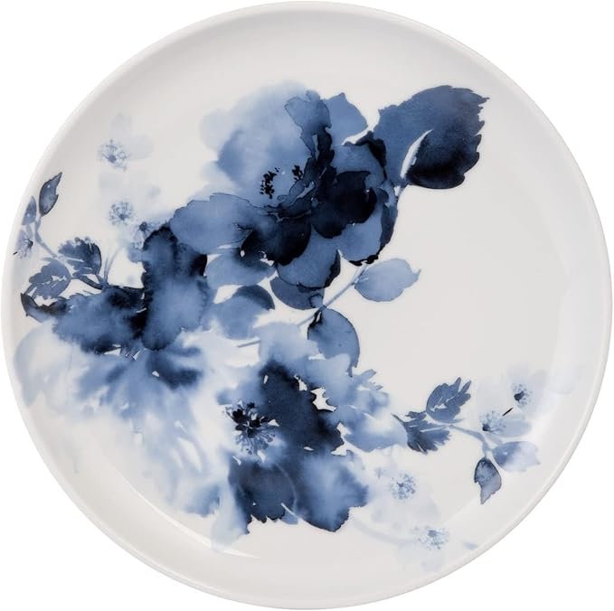 Maklaine Contemporary Porcelain Dinnerware Set 16-Piece Midnight Roses Design White and Blue Finish Includes Plates Bowls Mugs Durable Chip-Resistant Microwave/Dishwasher Safe Casual or