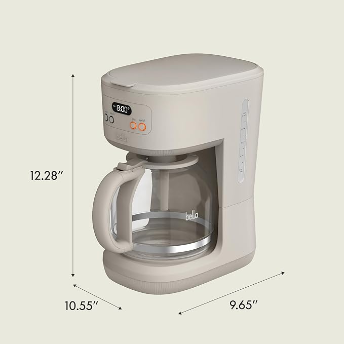BELLA 12 Cup Programmable Coffee Marker Reusable Dishwasher Safe Accessories Easy LCD diaply Auto Shutoff 900 watt Oatmilk