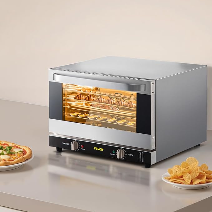 VEVOR Commercial Convection Oven 47L/43Qt Half-Size Conventional Oven Countertop 1600W 4-Tier Toaster w/Front Glass Door Electric Baking Oven w/Trays Wire Racks Clip Gloves 120V