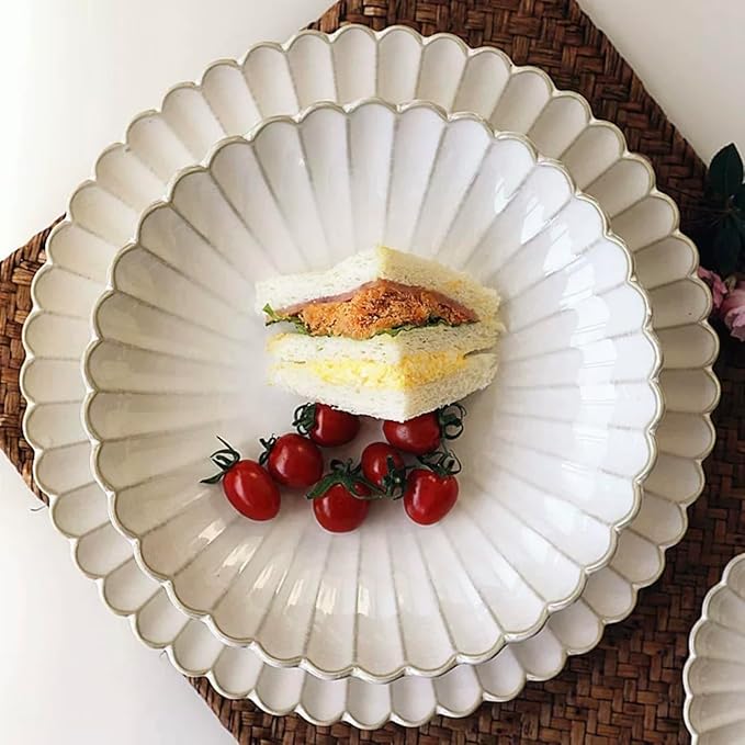 DOMINI 12-Piece Sunflower shape Ceramic Kitchen Dinnerware Set Service for 4 Porcelain Dishes Dinner Set with Dinner Plates Dessert Plates and Pasta BowlsRound-White Sunflower shape