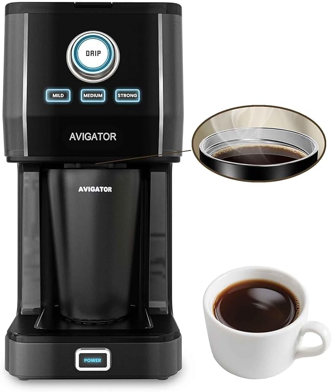 Single Serve Coffee Maker with 11oz. Travel Coffee Mug Stainless Steel Brew Strenth Adjustable Permanent Filter Black