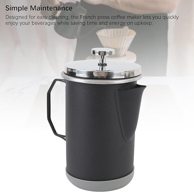 Stylish 304 Stainless Steel French Press Coffee Maker 1000ml Portable Hand Brewed Coffee Press Pot for Camping Simple Maintenance and Versatile Use (Black)