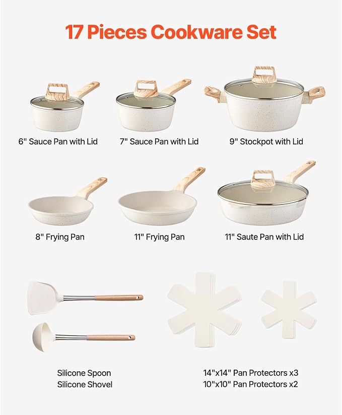 Happybuy 17-Piece Granite Nonstick Cookware Set – Induction-Ready Kitchen Kit with Frying/Sauce Pans Glass Lids &amp Pan Protectors Space-Saving Design for RVs Camping &amp Home Use (White)