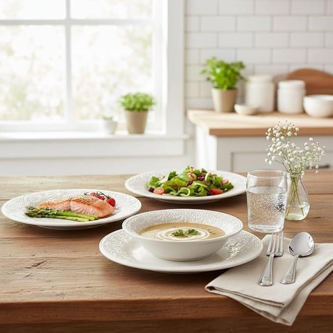 12-Piece Linen Lace Ceramic Dinnerware Set Microwave &amp Dishwasher Safe Rustic Elegance Design 4-Person Set for Daily Family Meals &amp Formal Entertaining