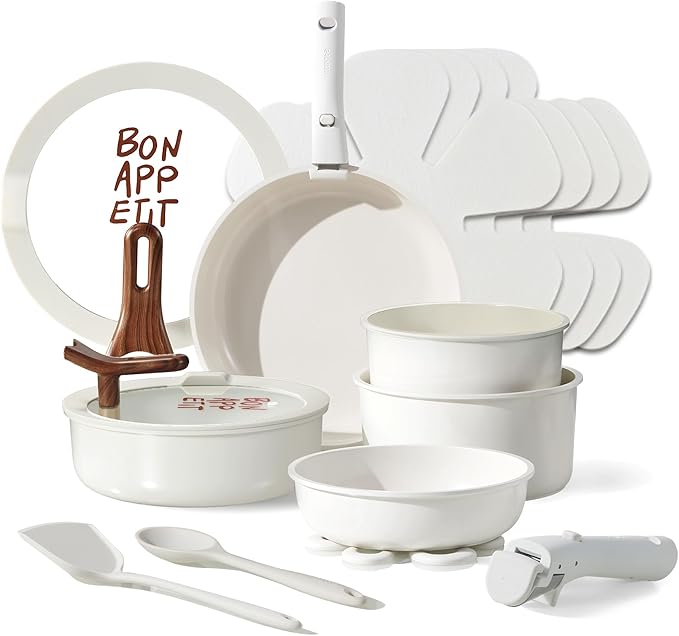 CAROTE 18Pcs Ceramic Cookware Set with Detachable Handle Pots and Pans Set Non Stick Non Toxic Kitchen Cooking Sets with Stand-Up Lid PFAS and PFOA Free Oven Safe Induction Ready Cream White