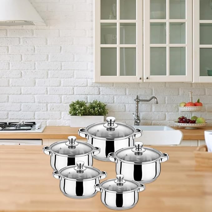 Nonstick Kitchen Cookware Sets Stainless Steel Cookware Pot Stainless Steel Cooking Pot Set with Glass Lids for Gas Electric Halogen Ceramic Induction Hobs Medium Type 1 USAEUBU0410