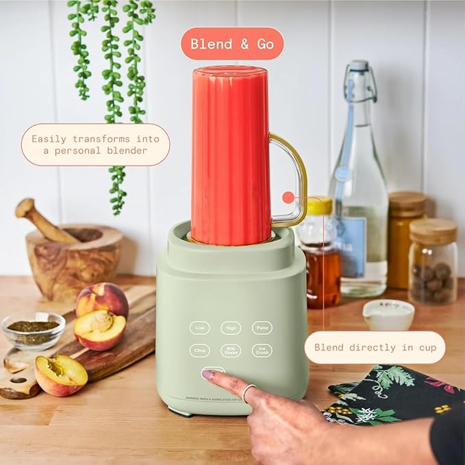 PowerExact Blender PrecisionSense Tech 3 Speeds 4 Presets 50oz BPA-Free Jar 20oz To-Go Cup No Drippy Sippy Lid Auto-Clean Dishwasher Safe Ice Crush &amp Smoothies (Sage Green)