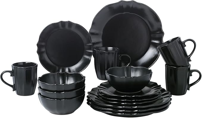 Stylish and Elegant 16 Piece Scalloped Edge Dinnerware set Service for Hosting Parties and Events - Set of 4 Scalloped Edge (BLACK)