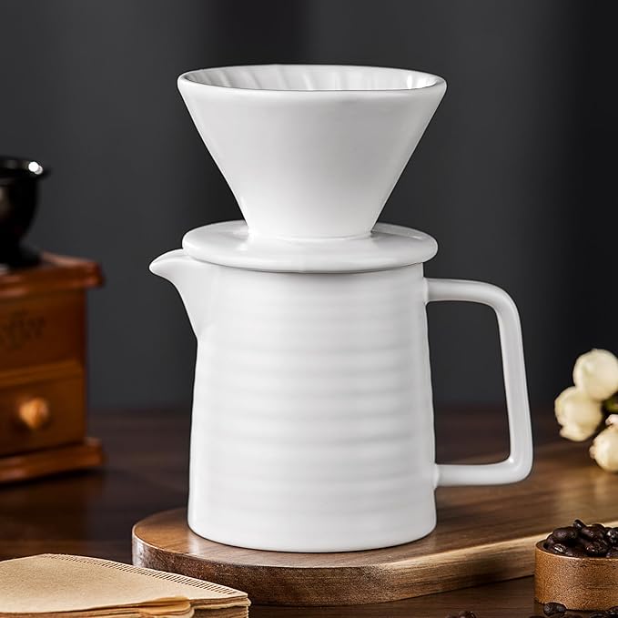 Pour Over Coffee Maker Set – Premium Ceramic Coffee Dripper with 500ml Capacity Manual Style Coffee Maker White – Ideal for Home Office and Travel
