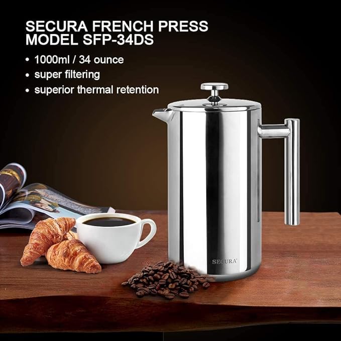 Secura French Press Coffee Maker 304 Grade Stainless Steel Insulated Coffee Press with 2 Extra Screens 34oz (1 Litre) Silver