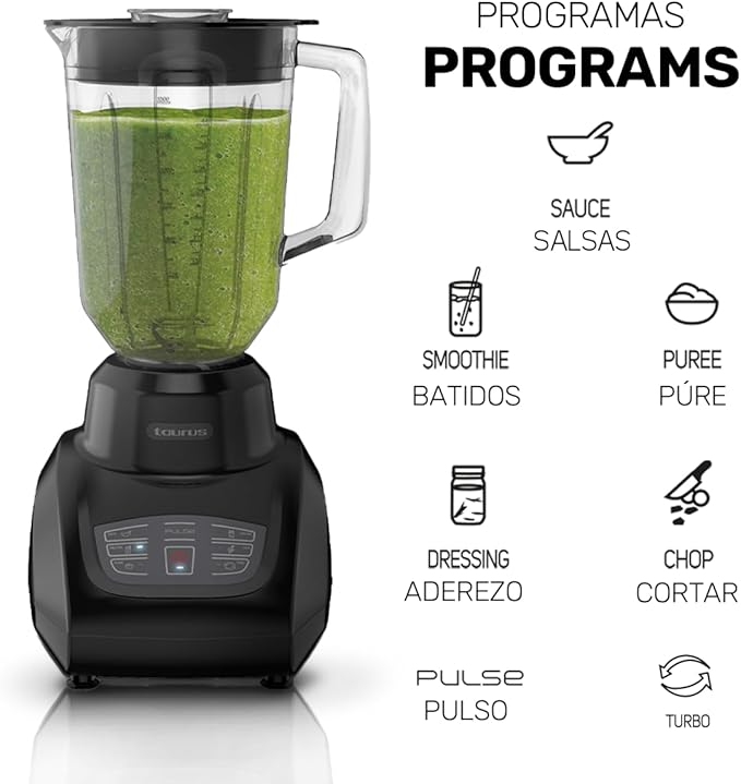 Taurus SEVILLA Countertop Blender | 48 oz Diamond Shaped Glass Jar | Touch Panel Controls with 6 Smart Pre Programmed Settings 8 Speed Control &amp pulse function built-in | 550 watts