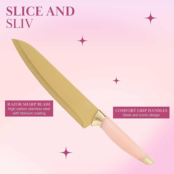 Paris Hilton Reversible Bamboo Cutting Board and Cutlery Set with Matching High Carbon Stainless Steel Knives Blade Guards Sleek Yet Comfortable Handle Grips 7-Piece Set Gold Pink