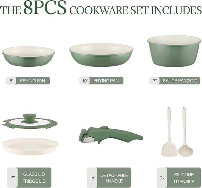 Ceramic Cookware Set Non Stick 8Pcs Pots and Pans Set Detachable Handle Induction Kitchen Cooking Set with Frying Pans Oven Dishwasher Safe PFAS/PFOA Free Forest Green