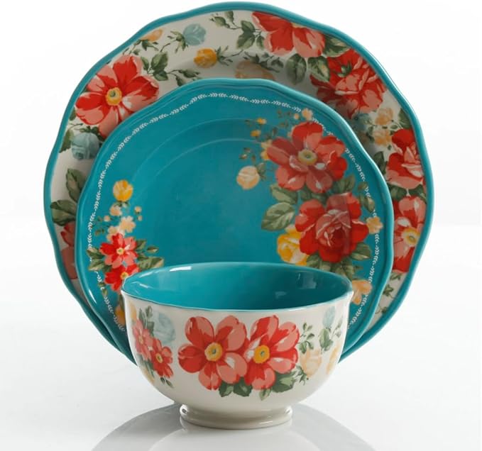 Vintage Inspired Floral 12-Piece Dinnerware Set Teal