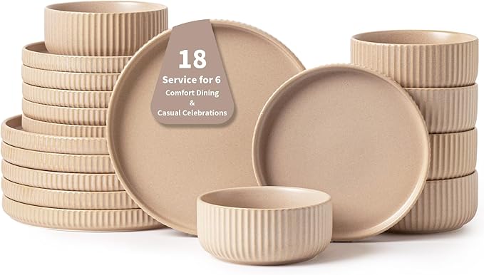 Natural Stoneware Dish Set18 Piece Plates and Bowls Sets in Warm Beige – Dinnerware for 6 for Warmhearted Homes &amp Everyday Harmony