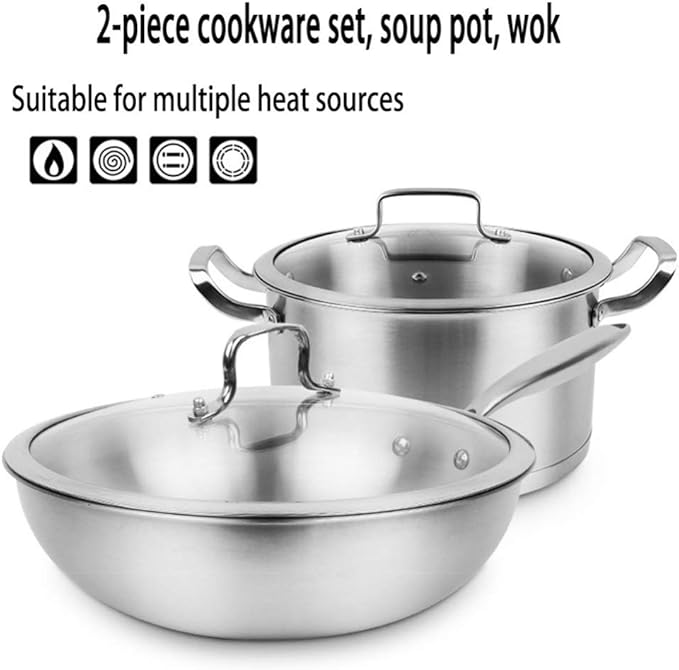 2 pc Cookware SetDeluxe Quality Stainless SteelStock PotWokUncoated Non Stick Fry Panwith Tempered Glass CoverNon-scalding Handle Suitable for Various He