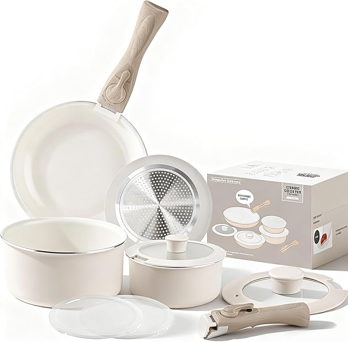 Heapsion 10-Piece Ceramic Nonstick Cookware Set PFAS/PFOA/PTFE-Free &amp Non-Toxic Pots and Pans Set with Detachable Handles Dishwasher Safe &amp Induction Compatible for Kitchen &amp RV Cooking