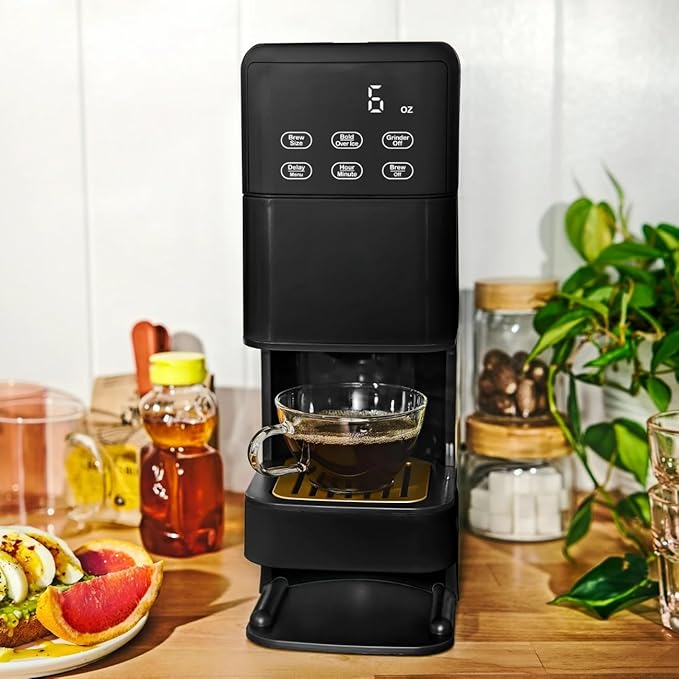 Perfect Grind Single Serve Coffee Maker built-in grinder 6 sizes 3 strengths pod-free reusable filter 64oz reservoir touch display hot &amp iced brew. (Black Sesame)