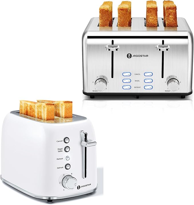 Aigostar Toaster 2 Slice and Toaster 4 Slice Retro Toaster Stainless Steel 1.6 inch Extra Wide Slots Bread Toaster with Bagel Cancel Defrost Function 6 Shade Settings &amp Removable Crumb Tray