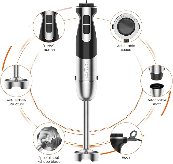 healthomse 5-In-1 Immersion Blender 800W 12-Speed Stainless Steel Hand Blender with Milk Frother Egg Whisk BPA-Free 500ml Chopper and 700ml Beaker with Lid for Soup Smoothie Baby Food