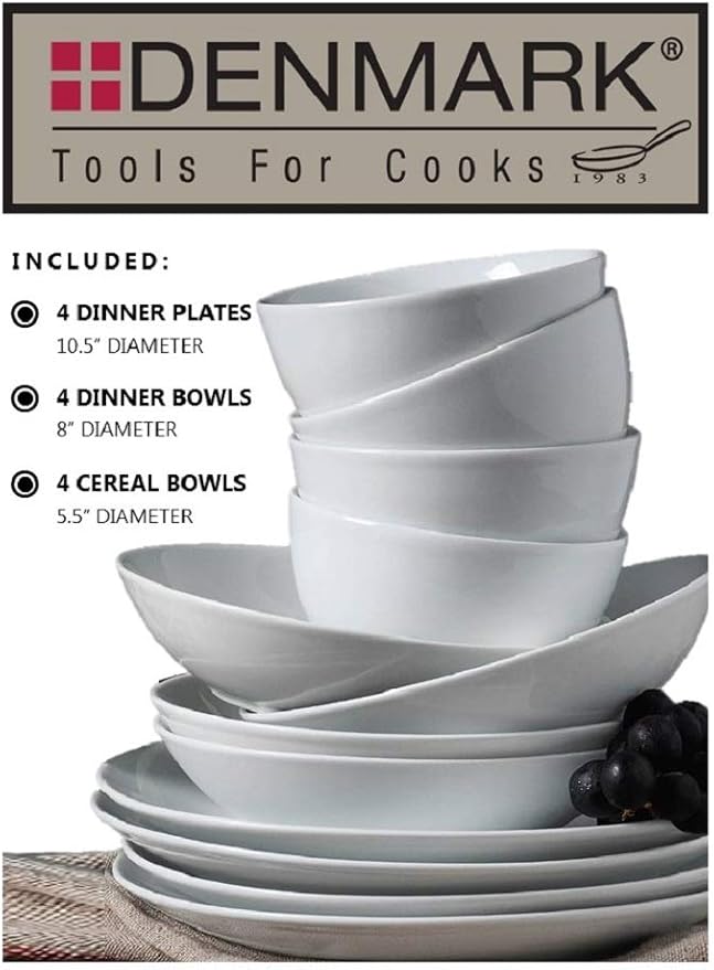 Denmark White Catering and Dining- Commercial Chef Restaurant Grade Scratch Chip Resistant Dishwasher Oven Microwave Safe Dinner Soup Cereal Plate Bowl 12 Piece White Vitrified Dinnerware Set