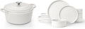 LIANYU Stoneware Dinnerware Sets 6 QT Enameled Cast Iron Dutch Oven 12 Piece Dinner Dish Set for 4 Kitchen Plates and Bowls Sets Nonstick Dutch Oven with Lid White