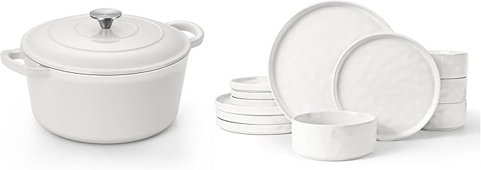 LIANYU Stoneware Dinnerware Sets 6 QT Enameled Cast Iron Dutch Oven 12 Piece Dinner Dish Set for 4 Kitchen Plates and Bowls Sets Nonstick Dutch Oven with Lid White