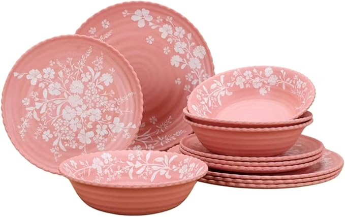 12-Piece Bamboo Melamine Dinnerware Set Service for 4 Includes Dinner Plates Salad Plates and Cereal Bowls Dishwasher Safe (Pink)