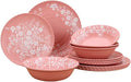 12-Piece Bamboo Melamine Dinnerware Set Service for 4 Includes Dinner Plates Salad Plates and Cereal Bowls Dishwasher Safe (Pink)