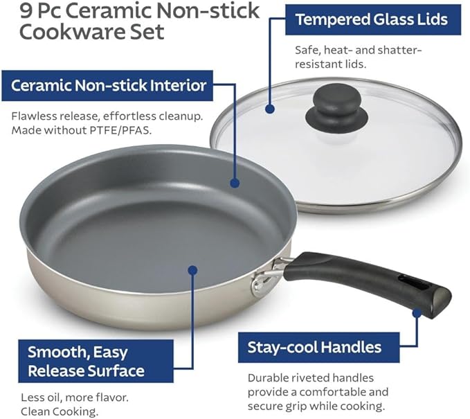 9-Piece Champagne Ceramic Non-Stick Pots and Pans Set Includes Skillets &amp Saucepans &amp Dutch Oven Stackable Cookware Set for All Stovetops
