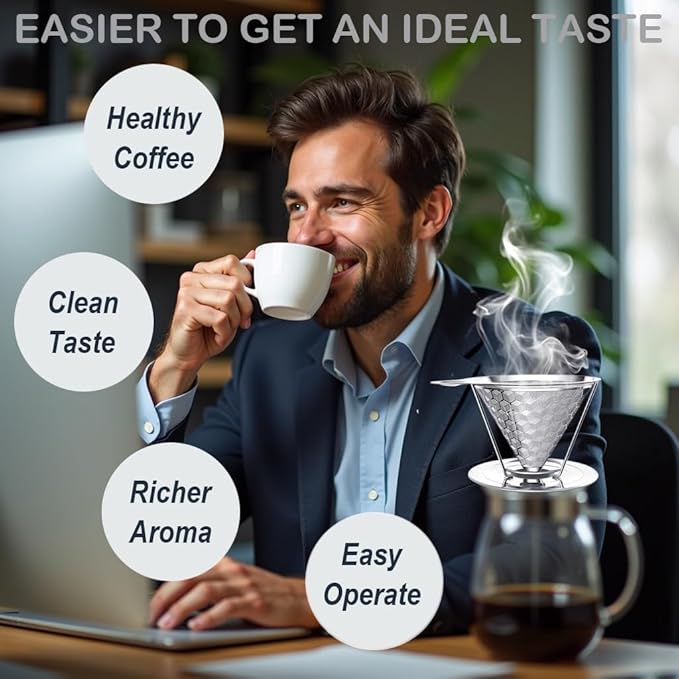 dailybrew Pour Over Coffee Maker Triple Layer Stainless Steel Cone Coffee Filter 4 Cup Non-electric Drip Coffee Maker Manual Portable Pour Over Coffee Maker Metal Cone Cafe Coffee Dripper