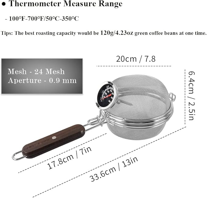 Home Coffee Bean Roaster Tool - CAFEMASY Portable Stainless Steel Handy Coffee Roaster Mesh Pan Tool with Thermometer for Home &amp Outdoor Coffee Beans Baking