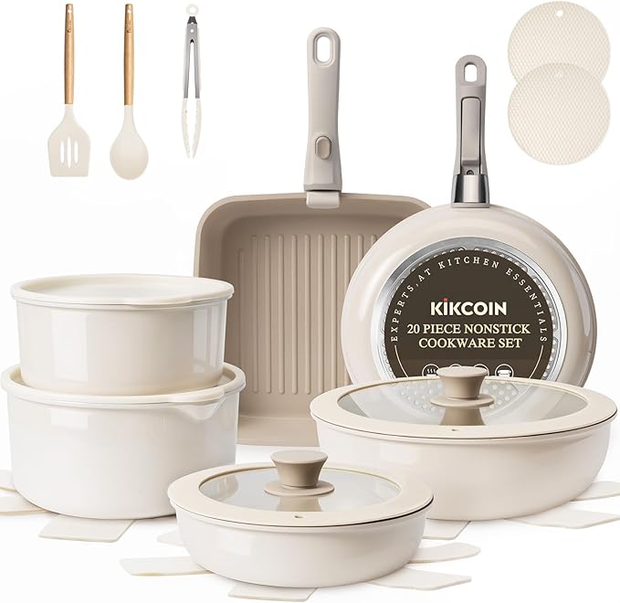 KIKCOIN Nonstick Pots and Pans Set 22 Pack Ceramic Cookware Set with Detachable Handle Induction RV Kitchen Cooking Set with Removable Handle Frying Pans - Dishwasher/Oven Safe PFOA Free