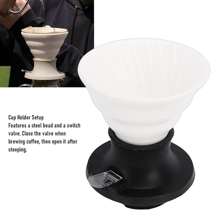 MAVIS LAVEN Ceramic Pour Over Coffee Dripper Heat Proof Immersion Coffee Maker with Built in Switch Valve for Home Office Travel (White Black)