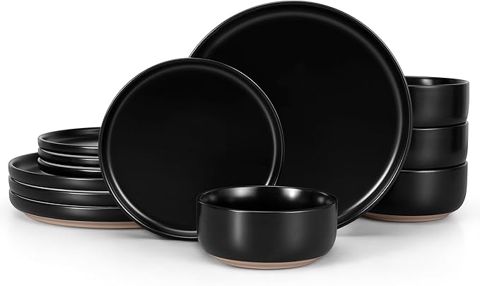 Vesteel 12-Piece Dinnerware set Ceramic Plates and Bowls set for 4 Speckled Stoneware Dishes Set for Family Microwave &amp Dishwasher Safe - Matte Black