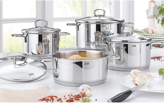 Silit Alicante 4-Piece Saucepan Set with Glass Lid Induction Pots Polished Stainless Steel Uncoated Oven-Safe
