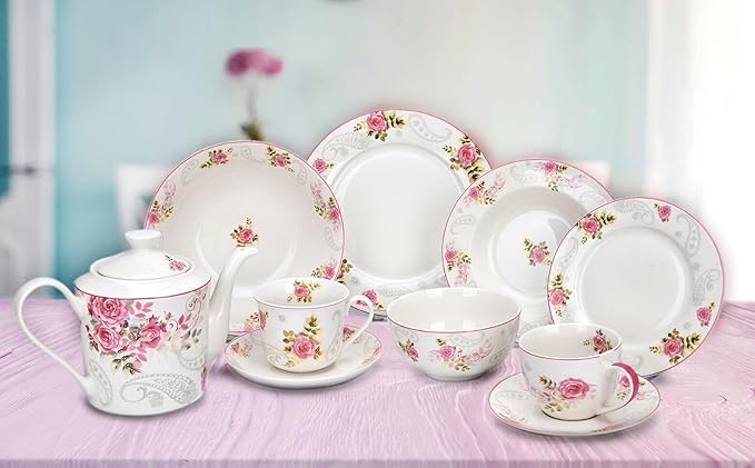 Bone China Deep Plate Set of 4 Dinner Plates Salad Plates Dinnerware Sets Serving Bowls Soup Bowls Kitchen Plates Tableware Set for Home and as a Gift (English Rose Set of 6)