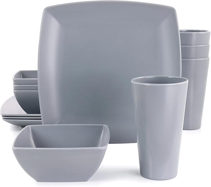 Gibson Home 12 Piece Grayson Melamine Square Dinnerware Set in Gray