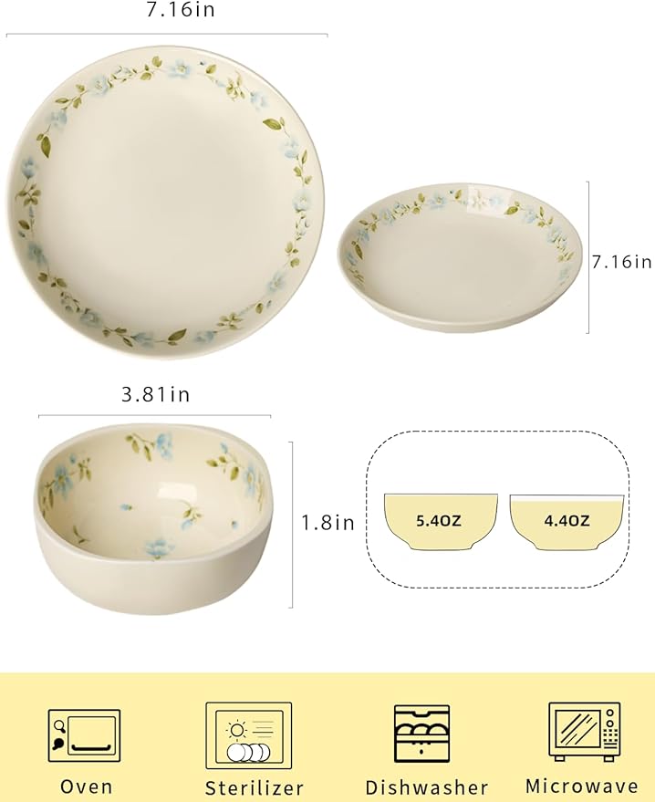 GDCZ Dishes and Plates 4-Piece Dinnerware Set Round Plates and Bowls Set Microwave &amp Dishwasher Safe Easy to Clean