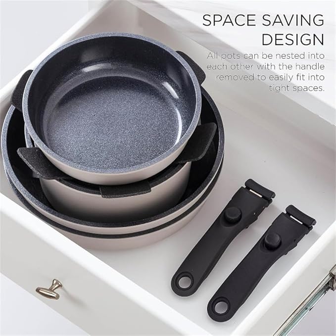 Pots and Pans Set Healthy Safe Ceramic Nonstick Kitchen Cookware with Soft Touch Removable Handle CookwareCream DiamondOne-Cream-One