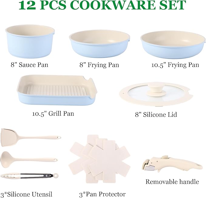 12 PCS Kitchen Cookware Sets with Detachable HandlePots and Pans Sets Non Stick Induction Pan Set for RV CookwareOven Safe PFOA Free（Blue)
