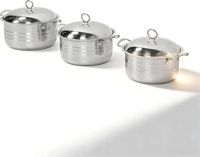 Stainless Steel Pot Kitchen Cookware Set 3 Piece Even Heat Distribution Pots with Lids Anti Stick Surface - Durable Construction Versatile Use for Home and Restaurant