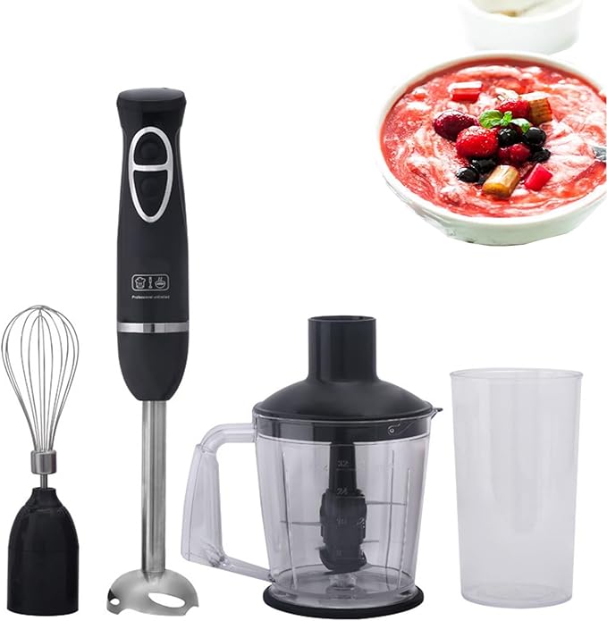 Handheld Immersion Blender with 2-Speed Stirrers Electric Whisk - Kitchen Essentials Set for Food Sauces Soups - Includes Egg-Beater Muddler Cuisine Cup Chopped Meat Bowl - 4-in-1 Hand Blender