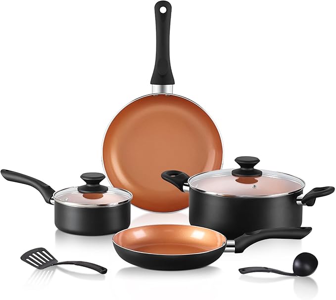8pcs Gold Ceramic Pots and Pans Set Cooking Pan SetCooking Pot Set Ceramic Pan Set Nonstick Cookware Set Induction Safe Kitchen Cooking Set with Frying Pans Saucepans shovel and Ladle