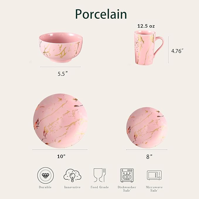 Porcelain Dinnerware SetPlates and Bowls Sets with MugsGold Plate Dish SetPink Dinnerware Set for 4Dinner Sets with Dinner Plates.