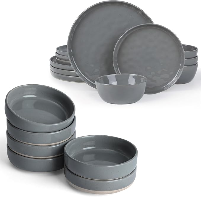 Famiware Mars Plates and Bowls Set of 12 and Milkyway 4oz Dipping Bowls Set of 6 18 Pieces Dinnerware Sets Dark Gray