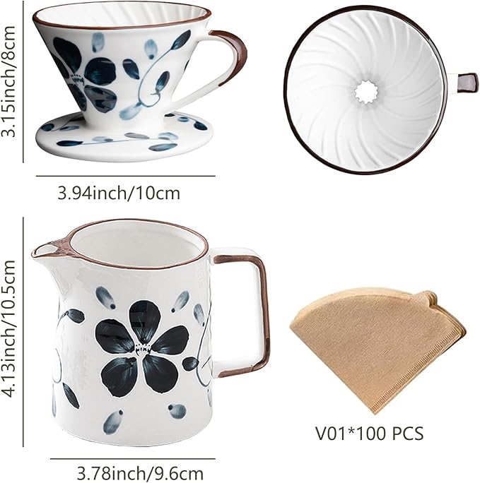 Ceramic Pour Over Coffee Maker Set Ceramic Coffee Dripper with Single Hole Coffee Pot &amp 100 Paper Filters for Home Travel Camping (1-2 Cup)