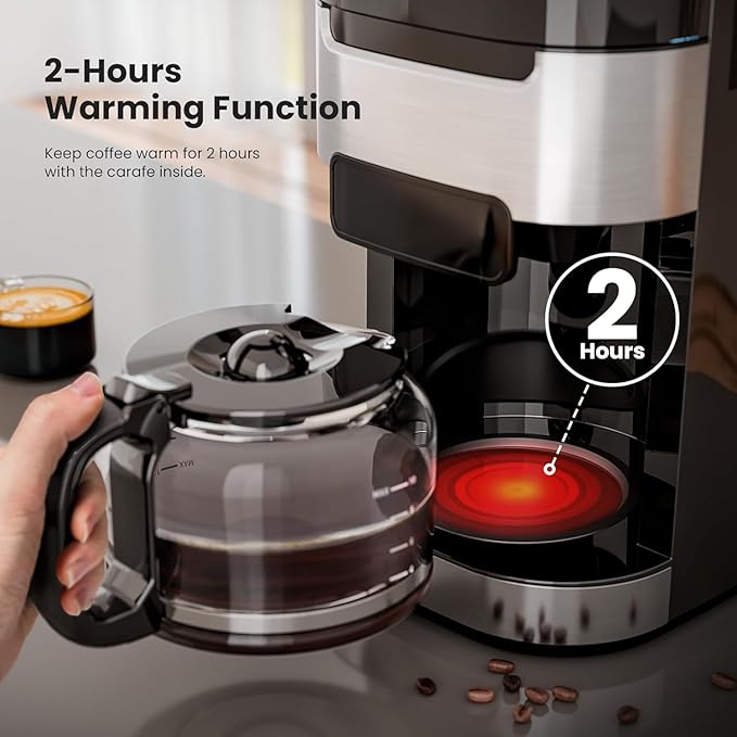 10-Cup Drip Coffee Maker with Built-in Grinder Programmable Grind &amp Brew Combo Coffee Machines with LED Touchscreen 24H Timer 2-Hour Warm Plate Black